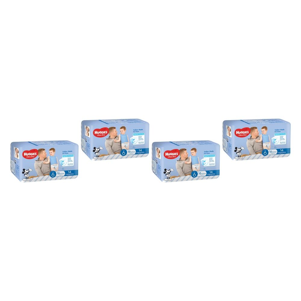 Huggies Ultra Dry Nappies for Boys Size 6 16kg & Over 14 Pack x 4 Bundle of 4