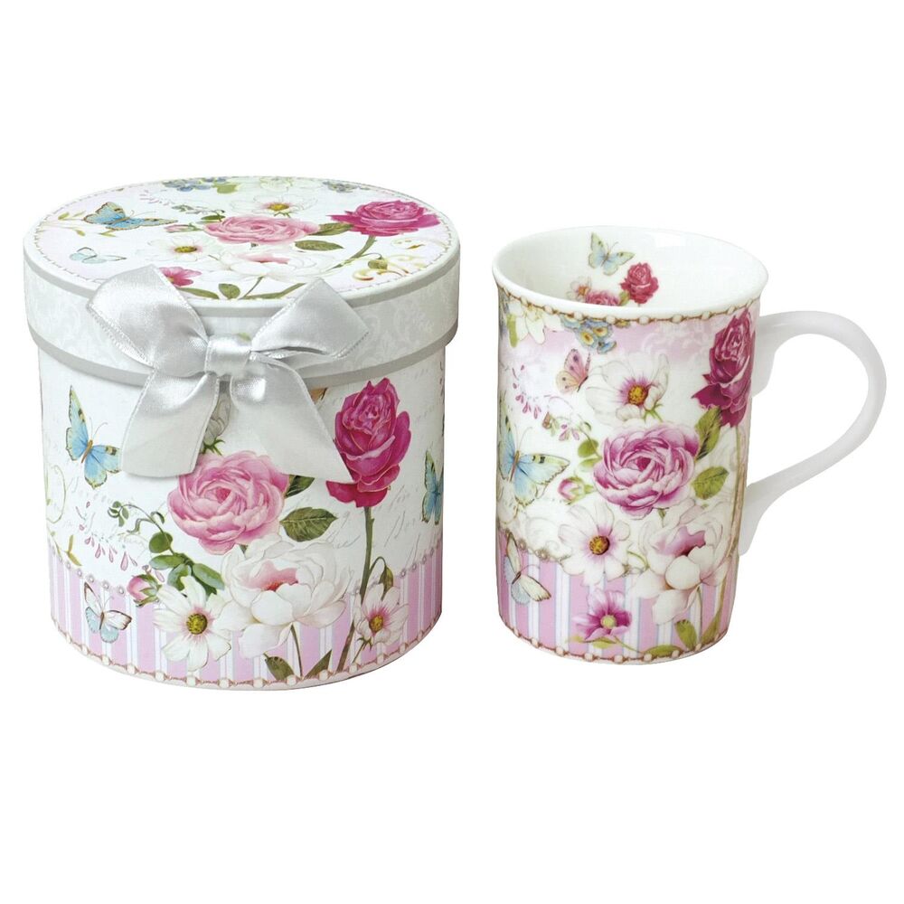China Mug Roses and Butterflies Design Gift Boxed