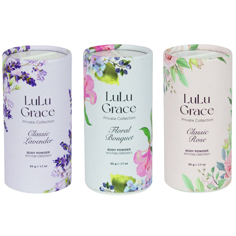 Lulu Grace Talc Free Body Powder Trio Lavender Rose Floral Bouquet 50g