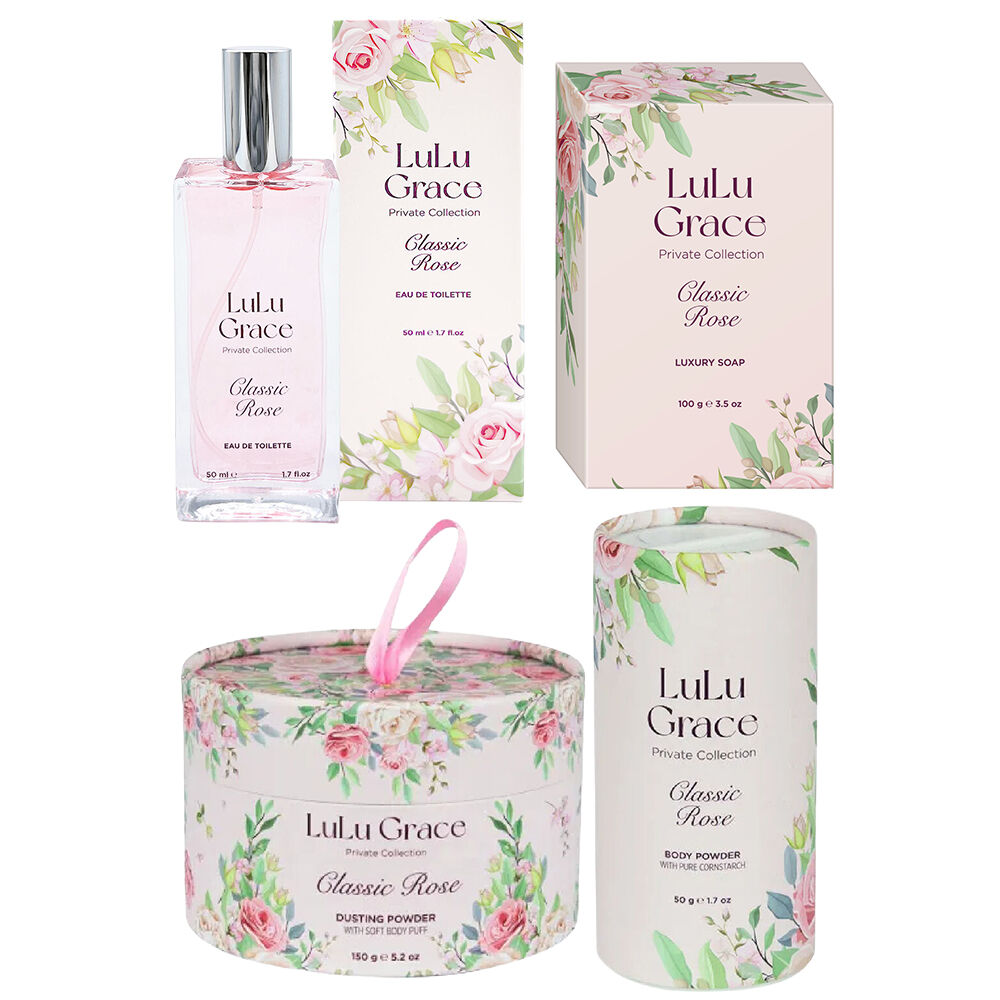 Lulu Grace Rose Set EDT Soap Talc Free Body Powder and Dusting Powder