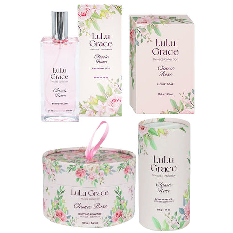 Lulu Grace Rose Set EDT Soap Talc Free Body Powder and Dusting Powder