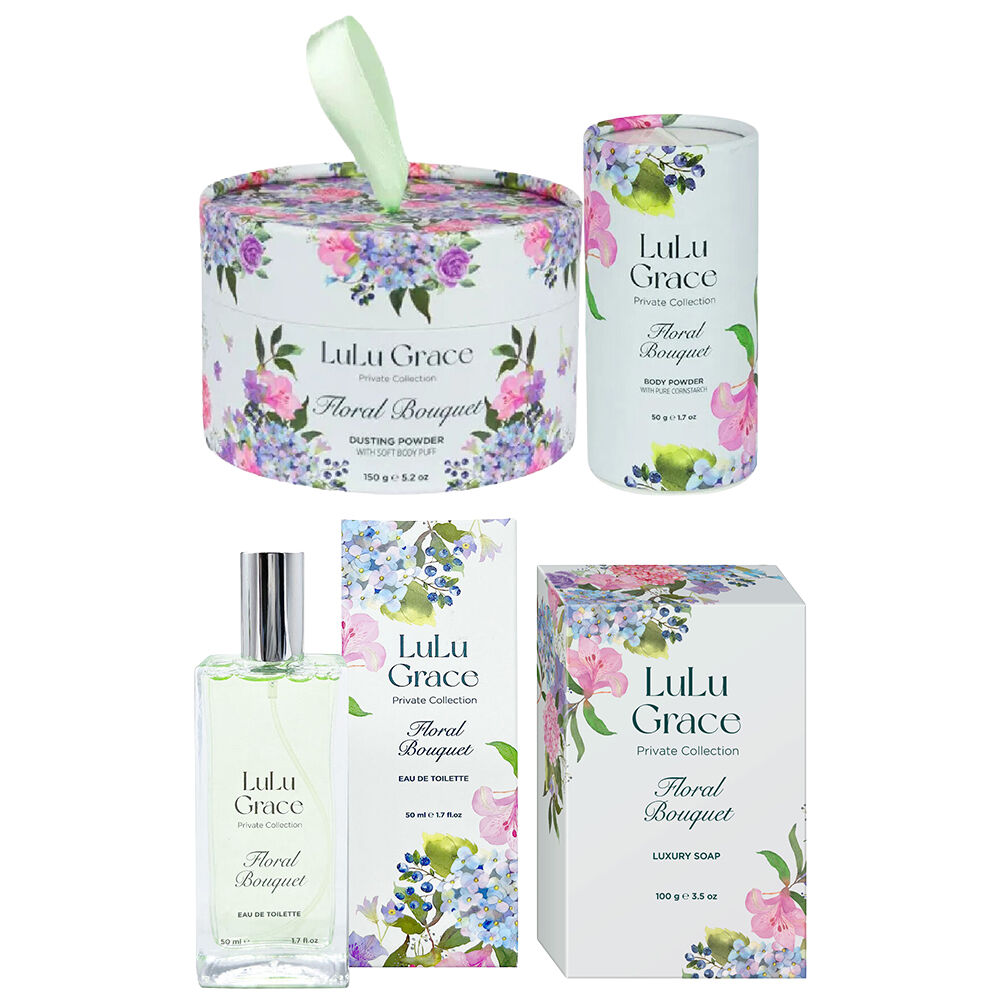 Lulu Grace Floral Bouquet Set EDT Soap Talc Free Body and Dusting Powder
