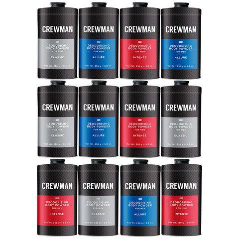Crewman Mens Body Powder Mixed 12 Pack 250g Classic Allure Intense Talc Free