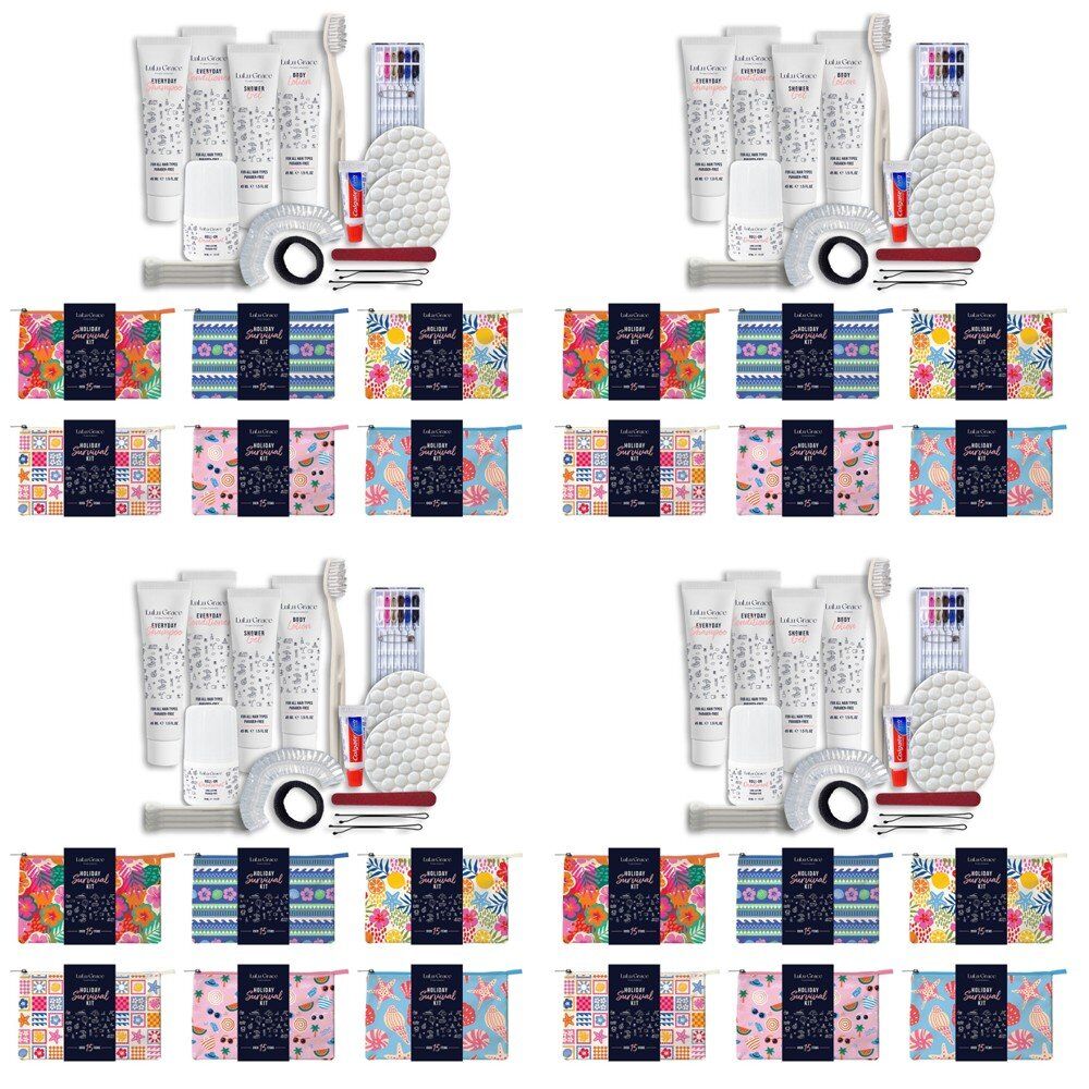 Lulu Grace Holiday Survival Kit Travel Toiletry Pouch Assorted Prints Box of 6 Bundle of 4