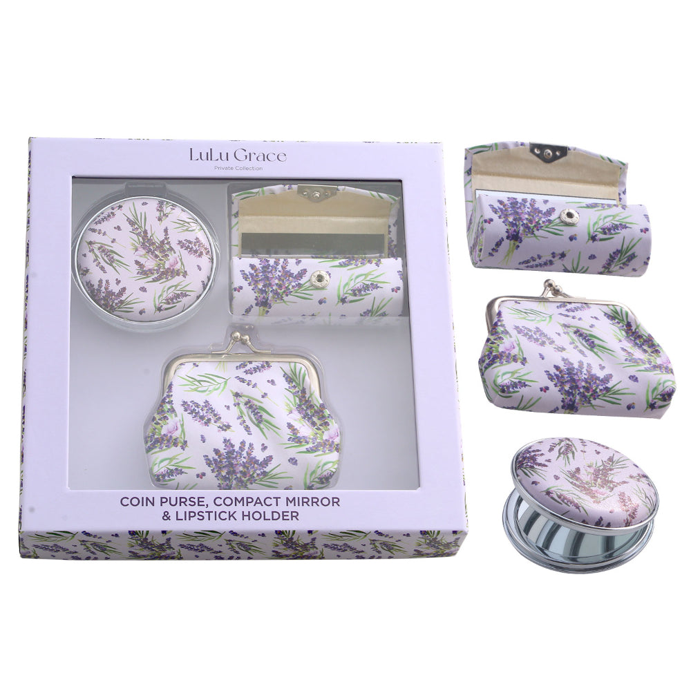 Lulu Grace 3 Piece Gift Set Lavender Coin Purse Lipstick Holder Compact Mirror