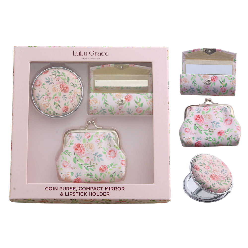 Lulu Grace 3 Piece Gift Set Rose Coin Purse Lipstick Holder And Mirror