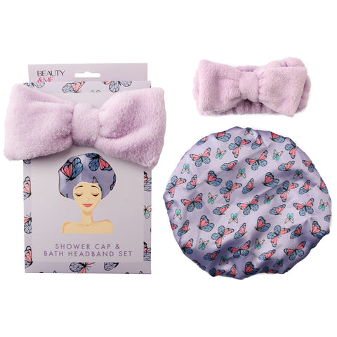 Beauty & Me Bath Headband and Shower Cap Gift Set Purple Hair Care Kit