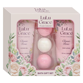 Lulu Grace 5 Piece Luxury Gift Set Rose Shower Gel Body Lotion 3 x Bath Fizzer