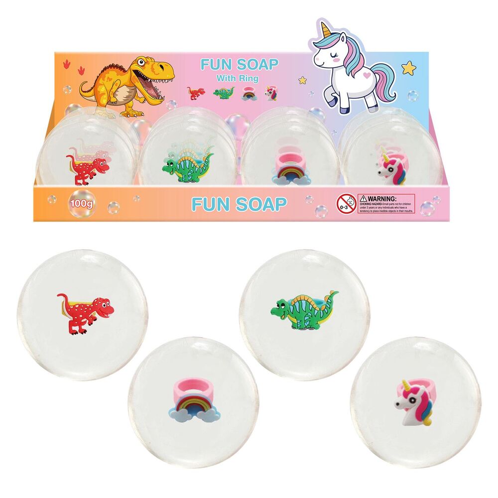 Kids Soap with Surprise Ring Dino and Unicorn Display of 12