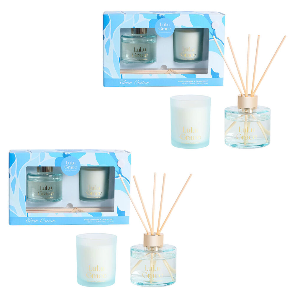 Lulu Grace Clean Cotton Reed Diffuser and Candle Gift Set 100ml 100g Pack of 2