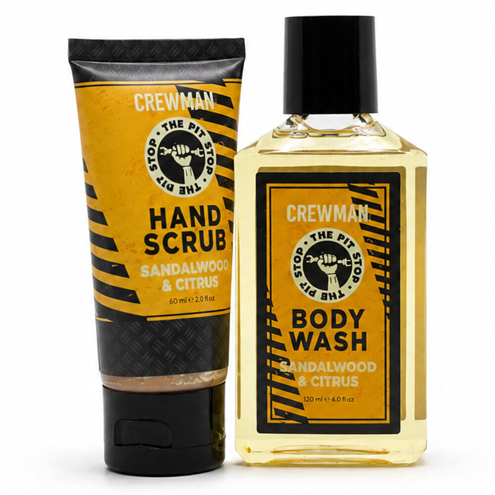 Crewman Pit Stop Body Wash Hand Scrub Sandalwood Citrus Mens Gift Set