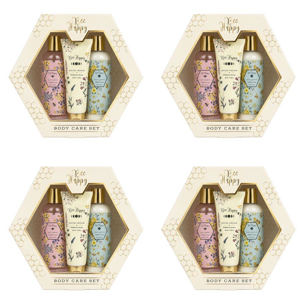 Lulu Grace Bee Happy Body Wash, Body Lotion & Hand Cream Gift Set 3pc Wildflower Honey Bundle of 4