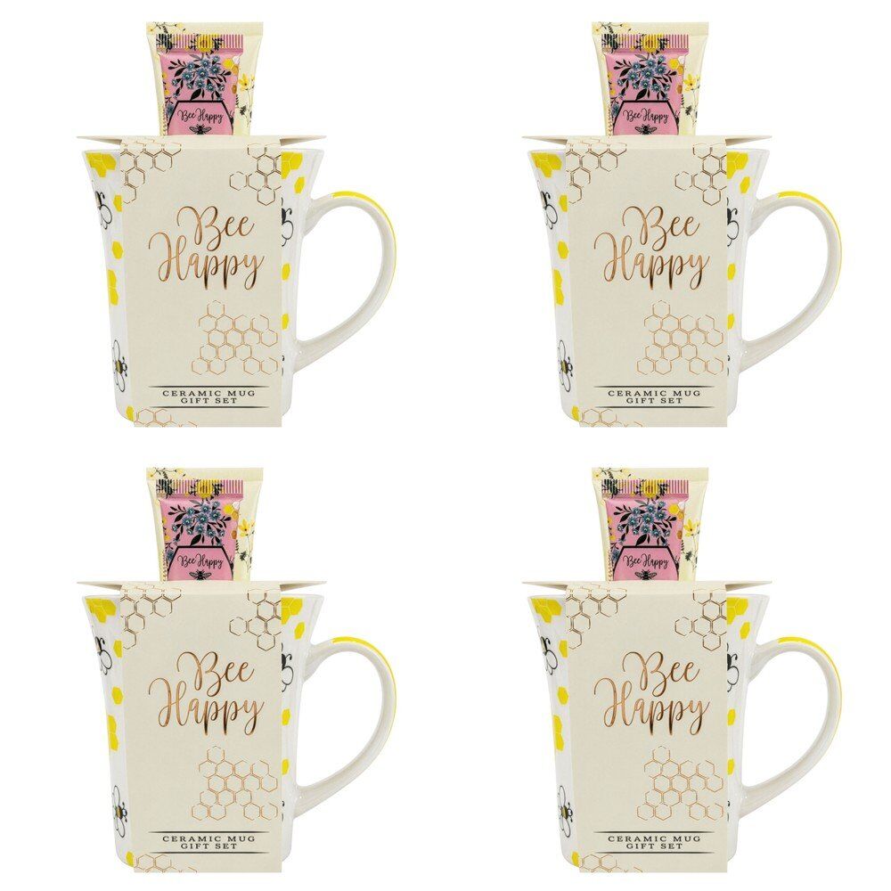 Lulu Grace Bee Happy Ceramic Mug Gift Set with Hand Cream 60mL & Lip Balm 15mL Bundle of 4