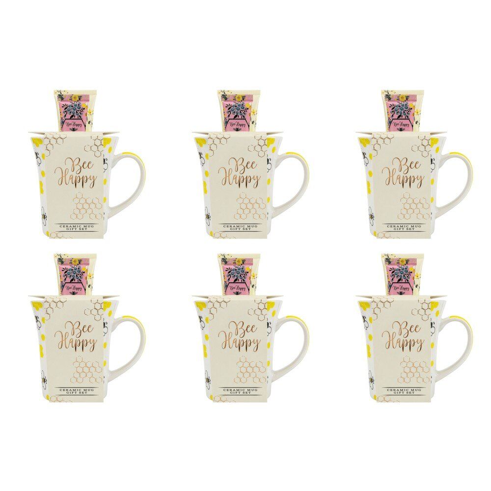 Lulu Grace Bee Happy Ceramic Mug Gift Set with Hand Cream 60mL & Lip Balm 15mL Bundle of 6