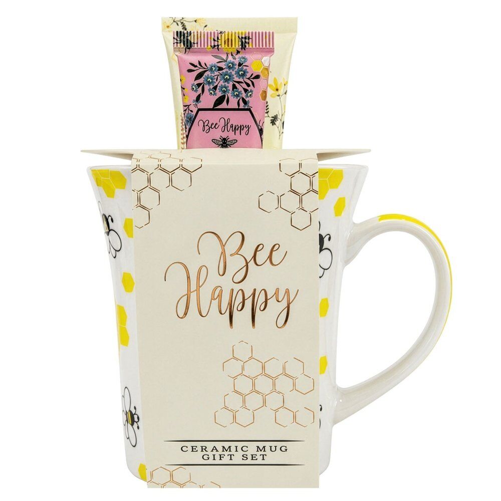 Lulu Grace Bee Happy Ceramic Mug Gift Set with Hand Cream 60mL & Lip Balm 15mL