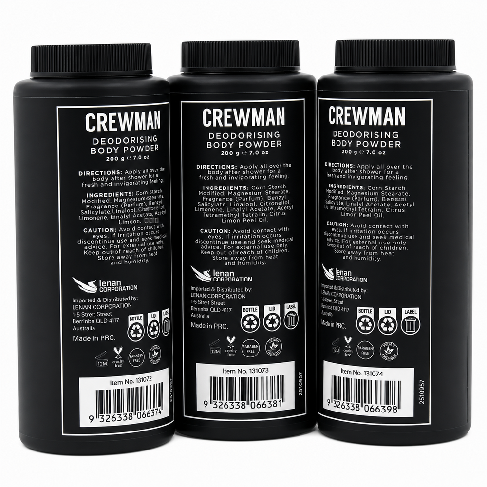 Crewman Body Powder 200g 3 Pack Sandalwood Amber Cedarwood Bergamot Ocean Breeze