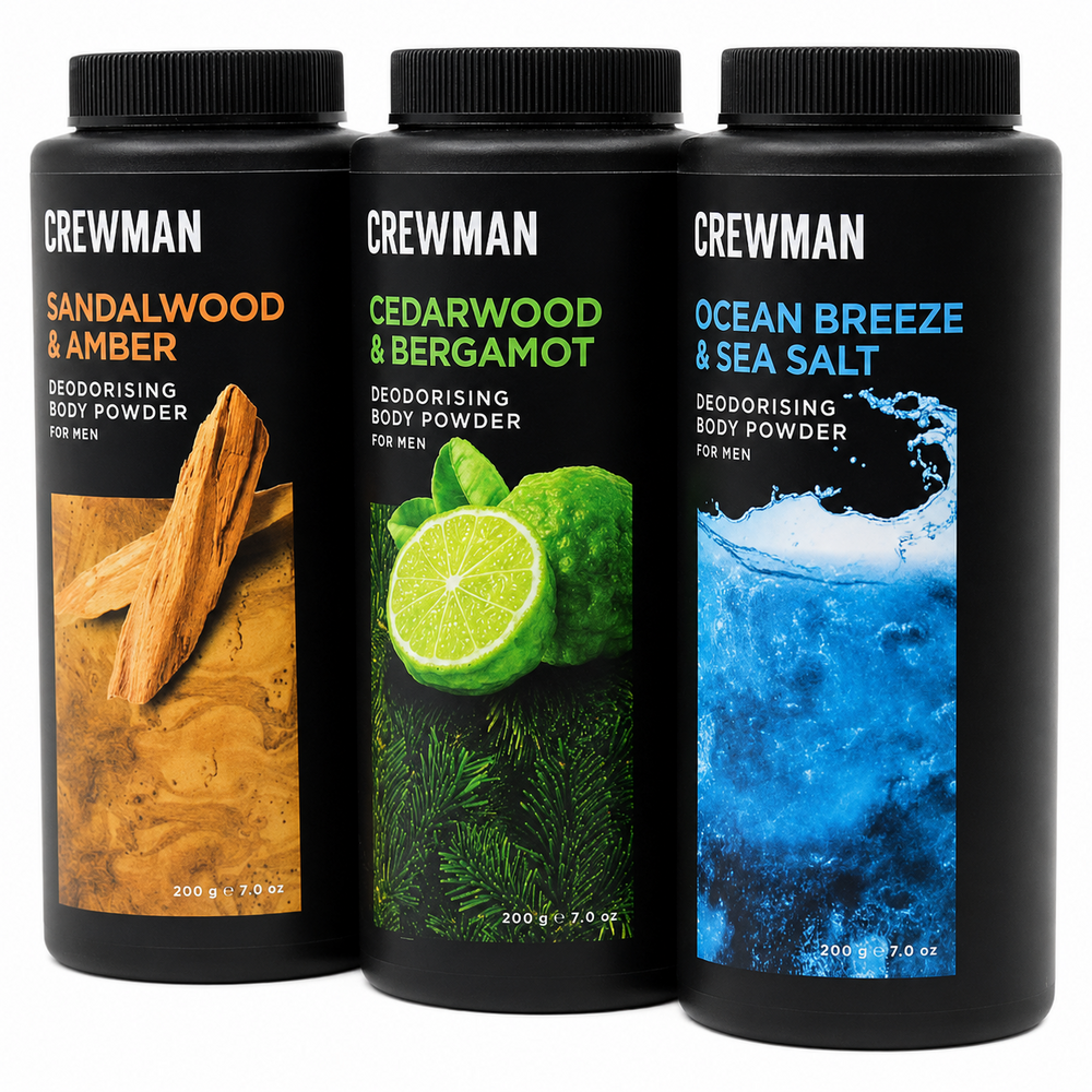 Crewman Body Powder 200g 3 Pack Sandalwood Amber Cedarwood Bergamot Ocean Breeze