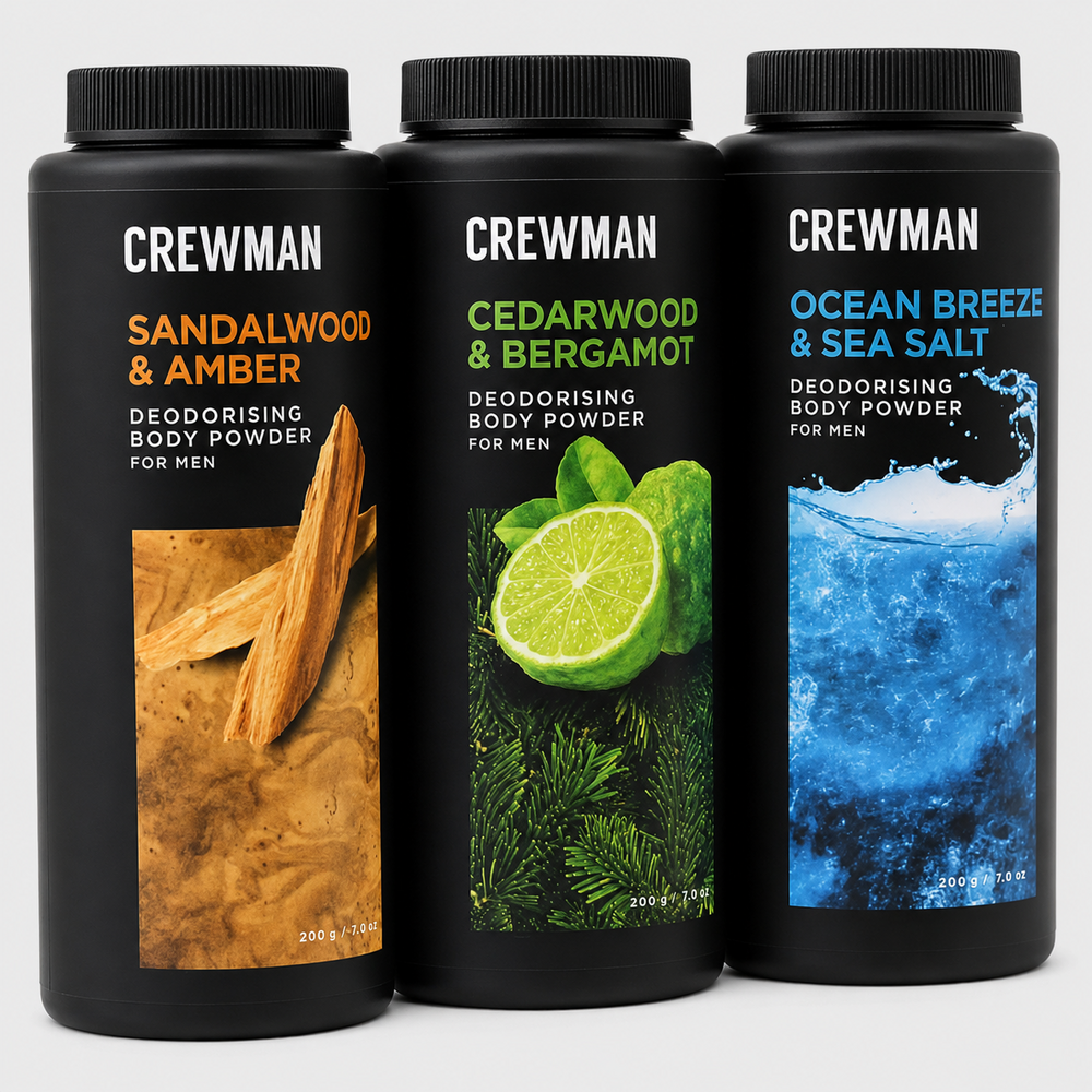 Crewman Body Powder 200g 3 Pack Sandalwood Amber Cedarwood Bergamot Ocean Breeze