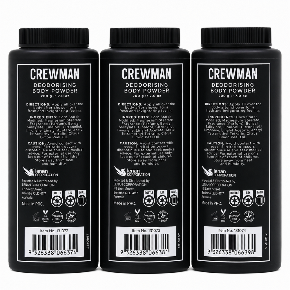 Crewman Body Powder 200g 3 Pack Sandalwood Amber Cedarwood Bergamot Ocean Breeze