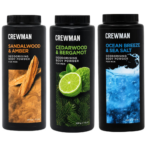 Crewman Body Powder 200g 3 Pack Sandalwood Amber Cedarwood Bergamot Ocean Breeze