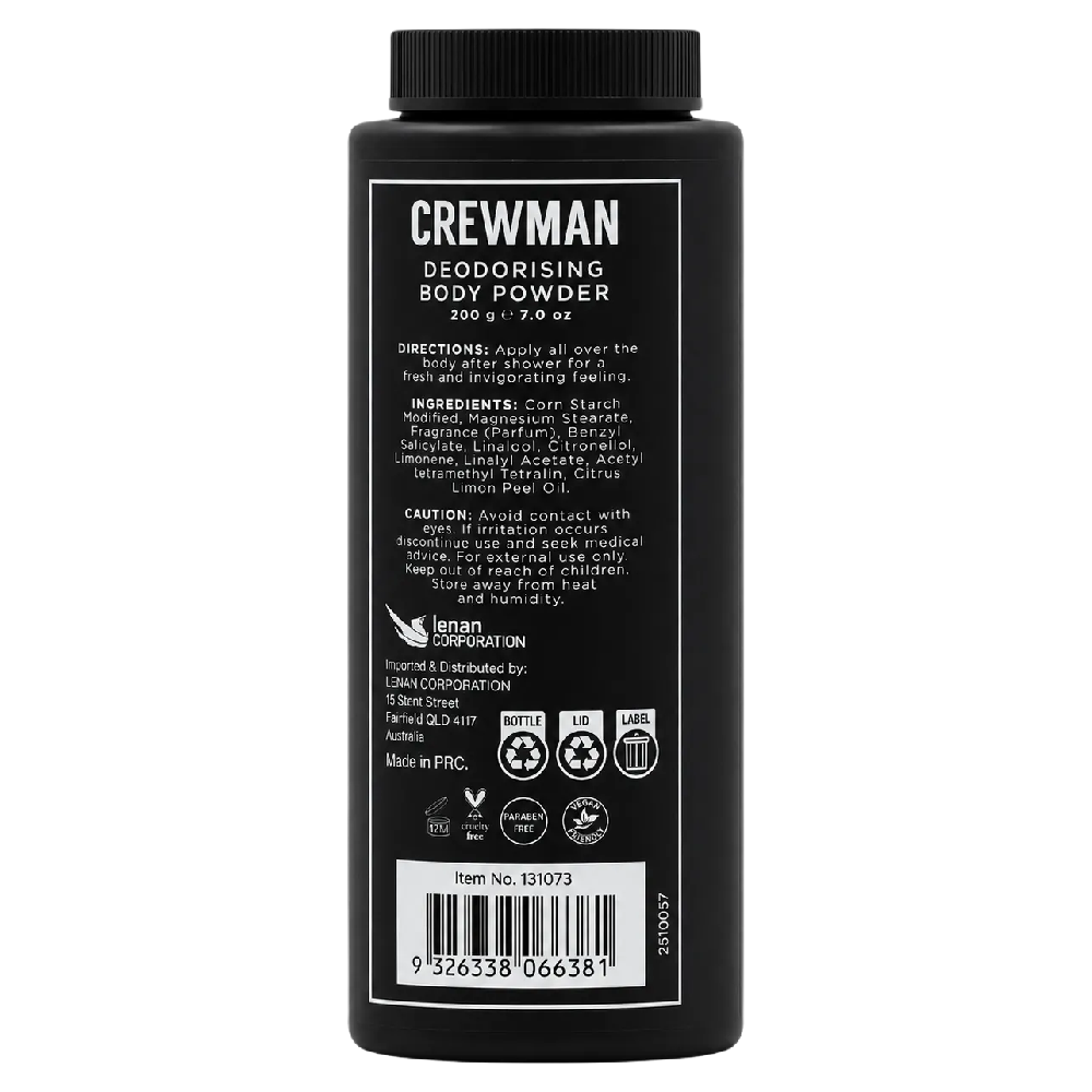 Crewman Cedarwood & Bergamot Body Powder For Men 200g Deodorising