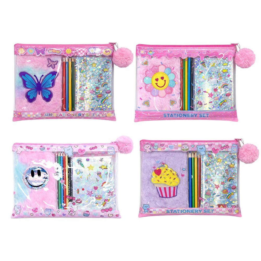 Kids Plush Notebook Stationery Gift Set in Zip Pouch Assorted Designs - Random Design Supplied Bundle of 3