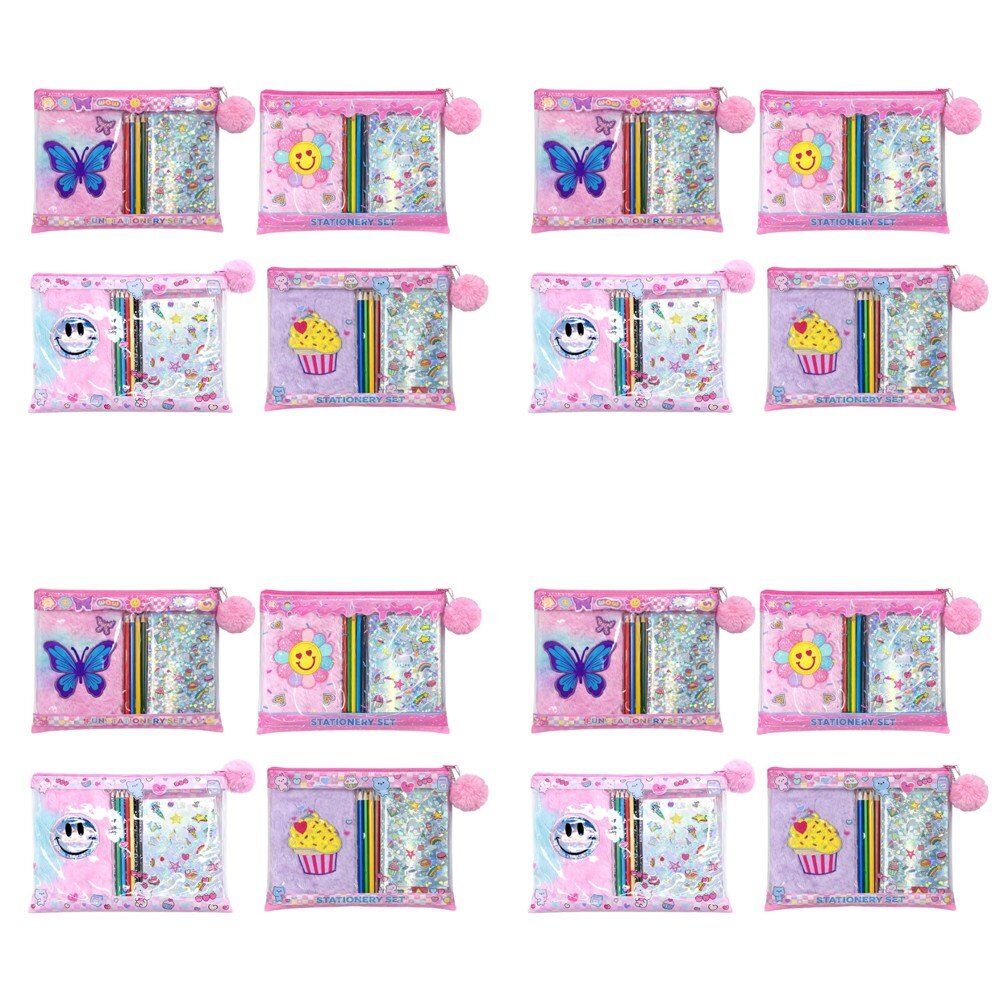 Kids Plush Notebook Stationery Gift Set in Zip Pouch Assorted Designs - Random Design Supplied Bundle of 4