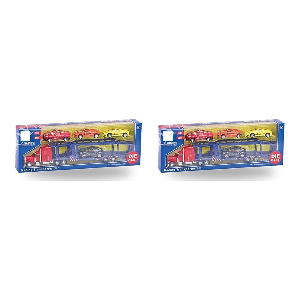 Die-Cast Racing Transporter Set Truck with 4 Race Cars Bundle of 2