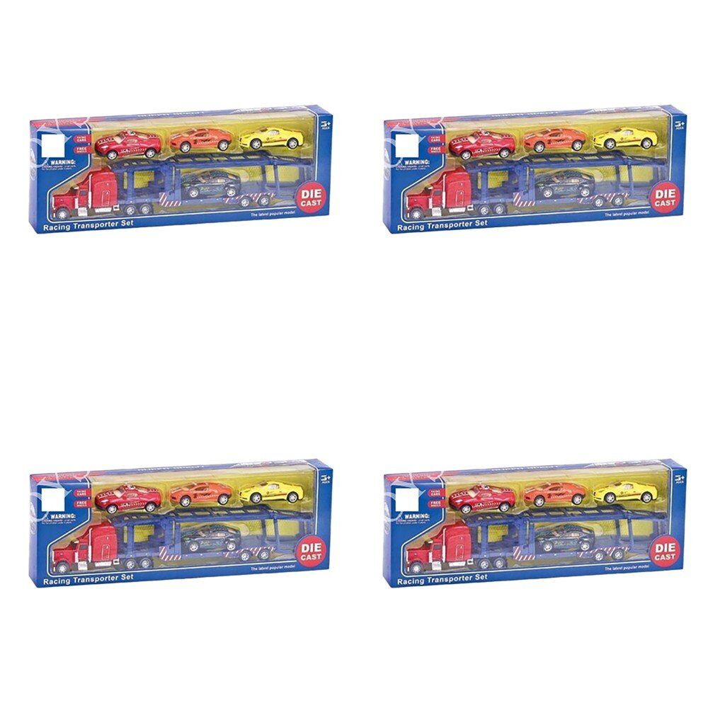 Die-Cast Racing Transporter Set Truck with 4 Race Cars Bundle of 4