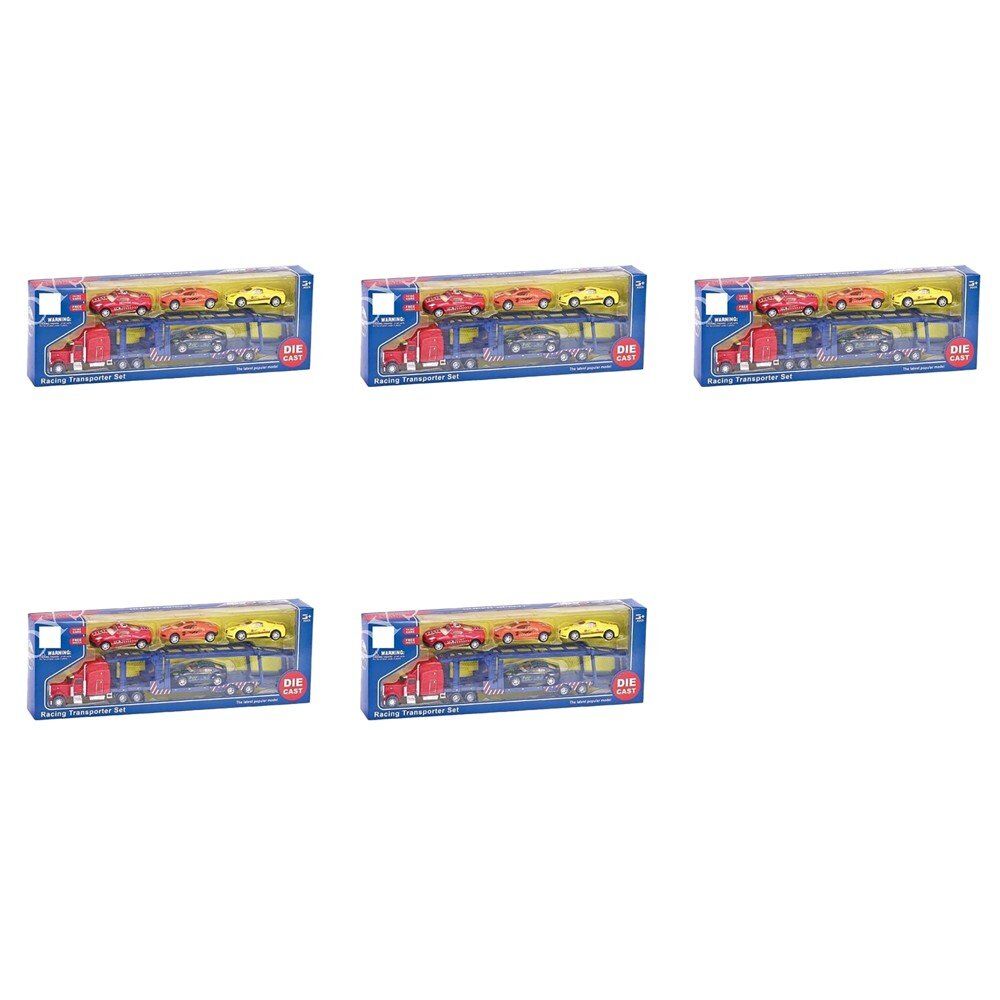 Die-Cast Racing Transporter Set Truck with 4 Race Cars Bundle of 5