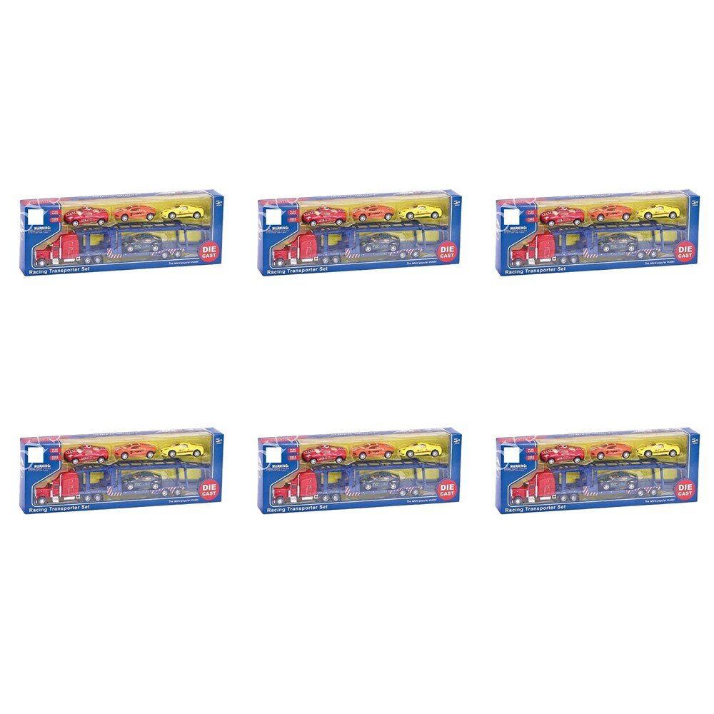 Die-Cast Racing Transporter Set Truck with 4 Race Cars Bundle of 6