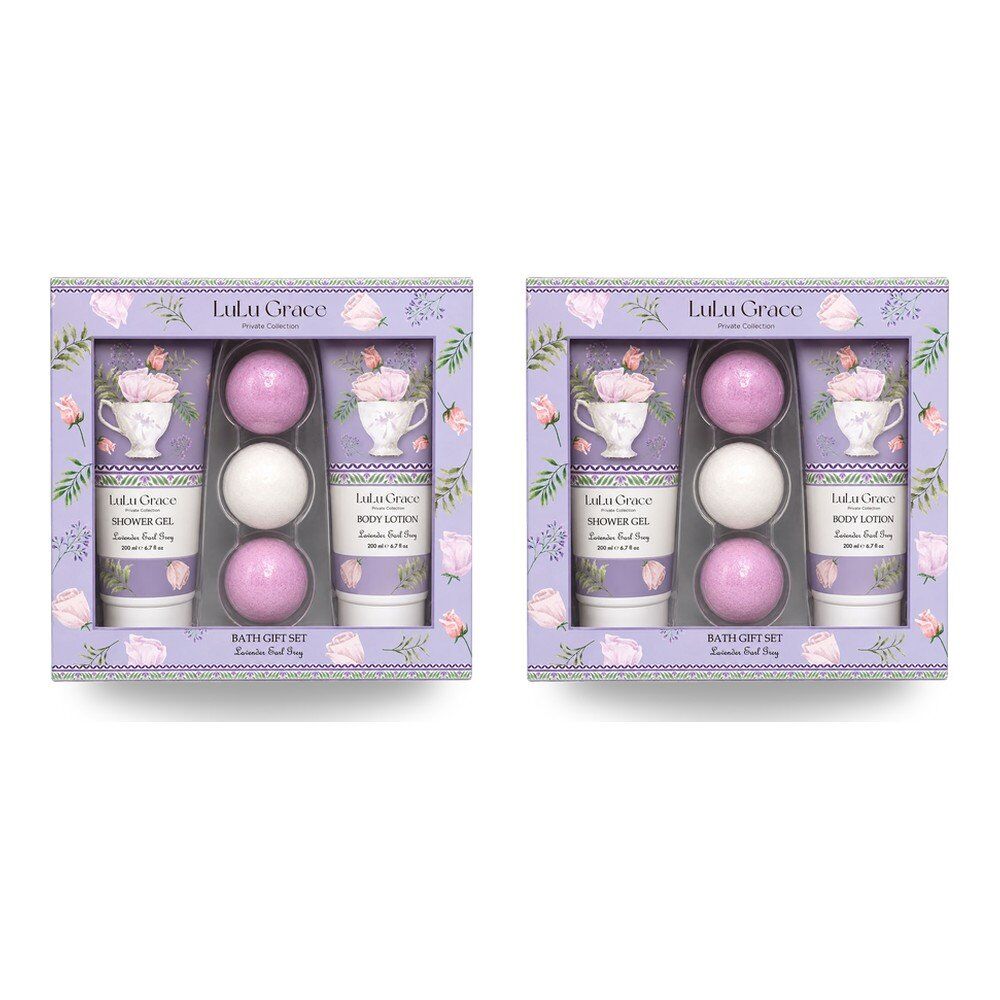 Lulu Grace Lavender Earl Grey Bath Gift Set Shower Gel 200mL, Body Lotion 200mL & 3 Bath Fizzers Bundle of 2