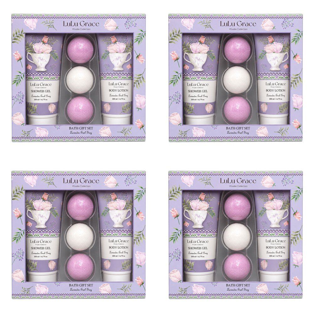 Lulu Grace Lavender Earl Grey Bath Gift Set Shower Gel 200mL, Body Lotion 200mL & 3 Bath Fizzers Bundle of 4