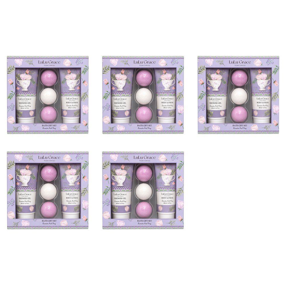Lulu Grace Lavender Earl Grey Bath Gift Set Shower Gel 200mL, Body Lotion 200mL & 3 Bath Fizzers Bundle of 5