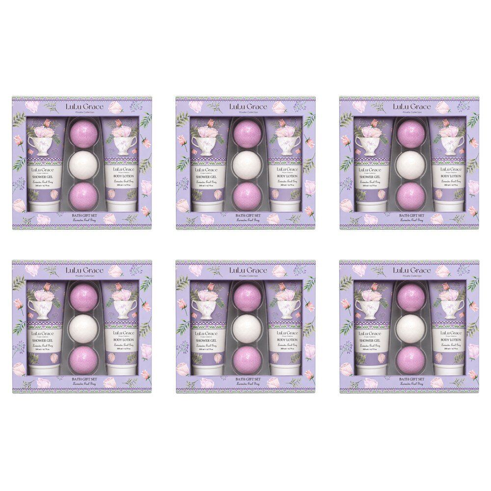 Lulu Grace Lavender Earl Grey Bath Gift Set Shower Gel 200mL, Body Lotion 200mL & 3 Bath Fizzers Bundle of 6