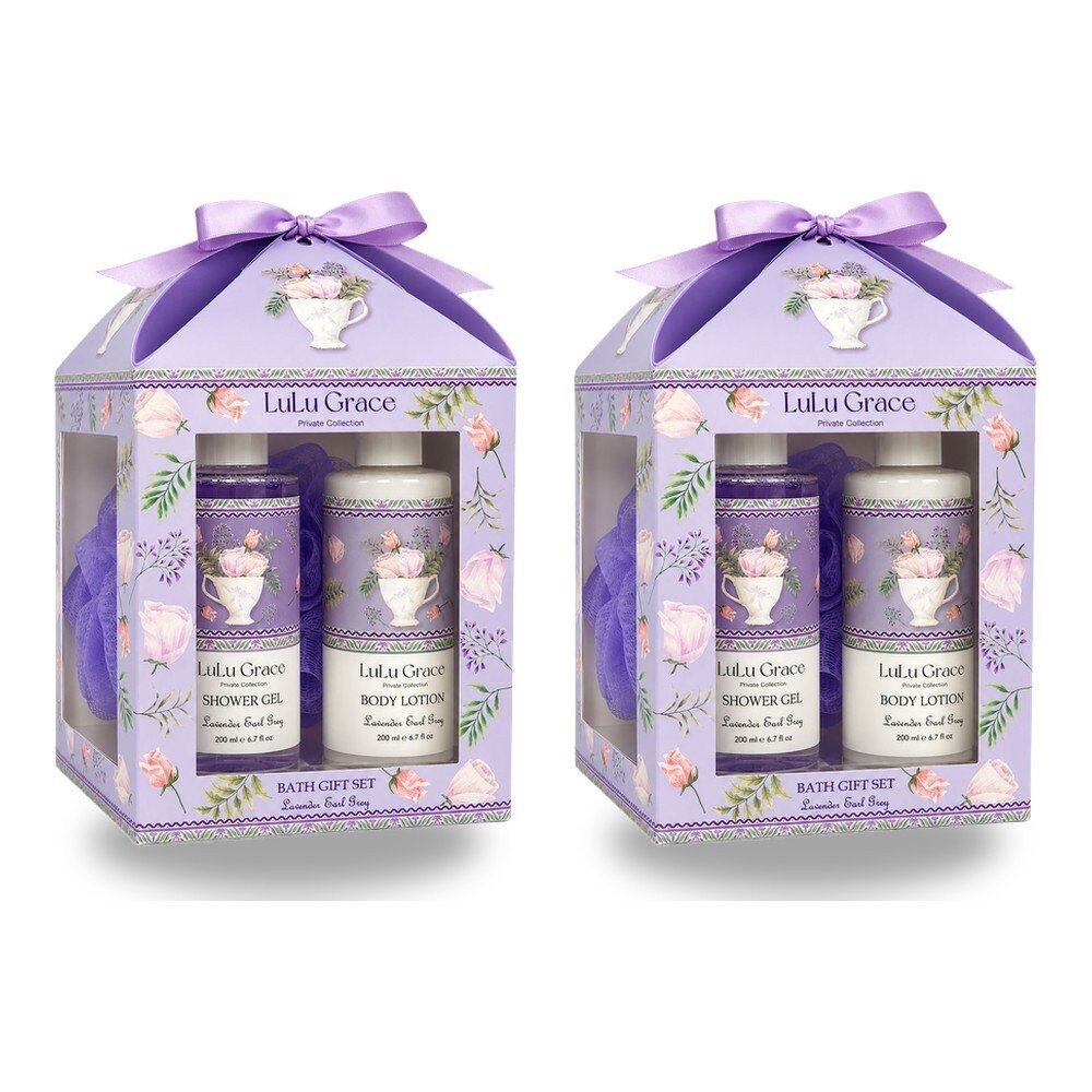 Lulu Grace Lavender Earl Grey Bath Gift Set Shower Gel 200mL, Body Lotion 200mL & Bath Sponge Bundle of 2