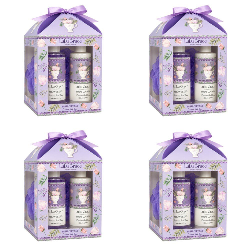 Lulu Grace Lavender Earl Grey Bath Gift Set Shower Gel 200mL, Body Lotion 200mL & Bath Sponge Bundle of 4