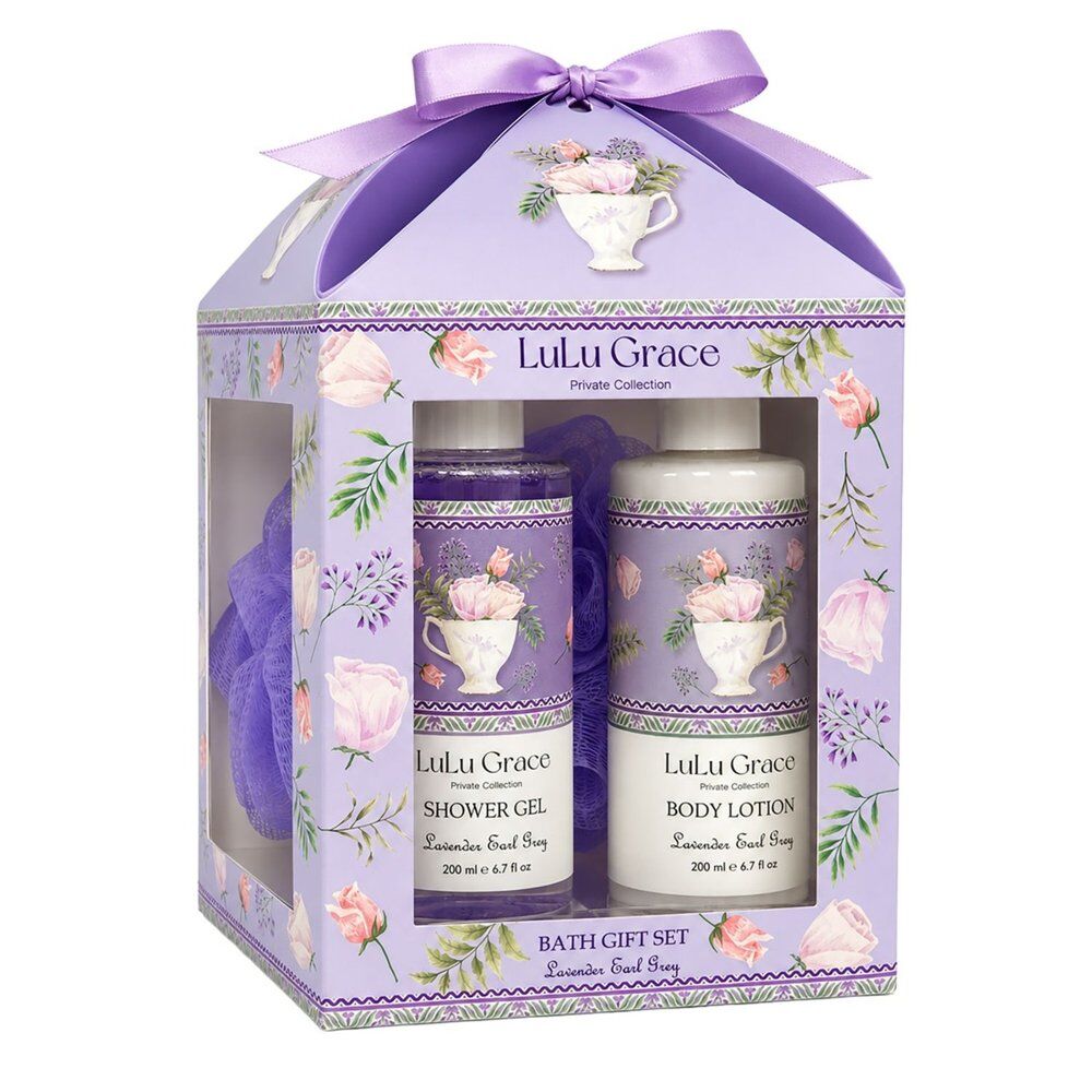 Lulu Grace Lavender Earl Grey Bath Gift Set Shower Gel 200mL, Body Lotion 200mL & Bath Sponge