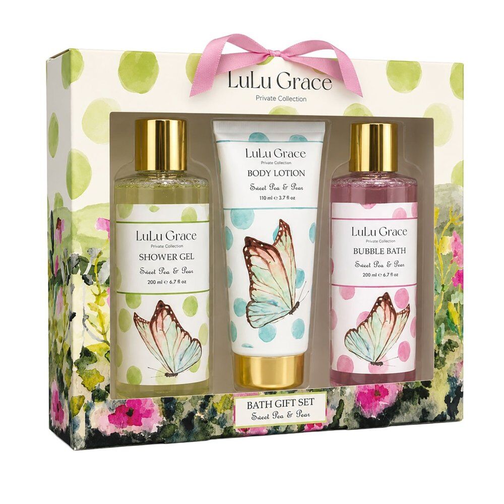 Lulu Grace Sweet Pea & Pear Bath Gift Set Shower Gel 200mL, Bubble Bath 200mL & Body Lotion 110mL Bundle of 2