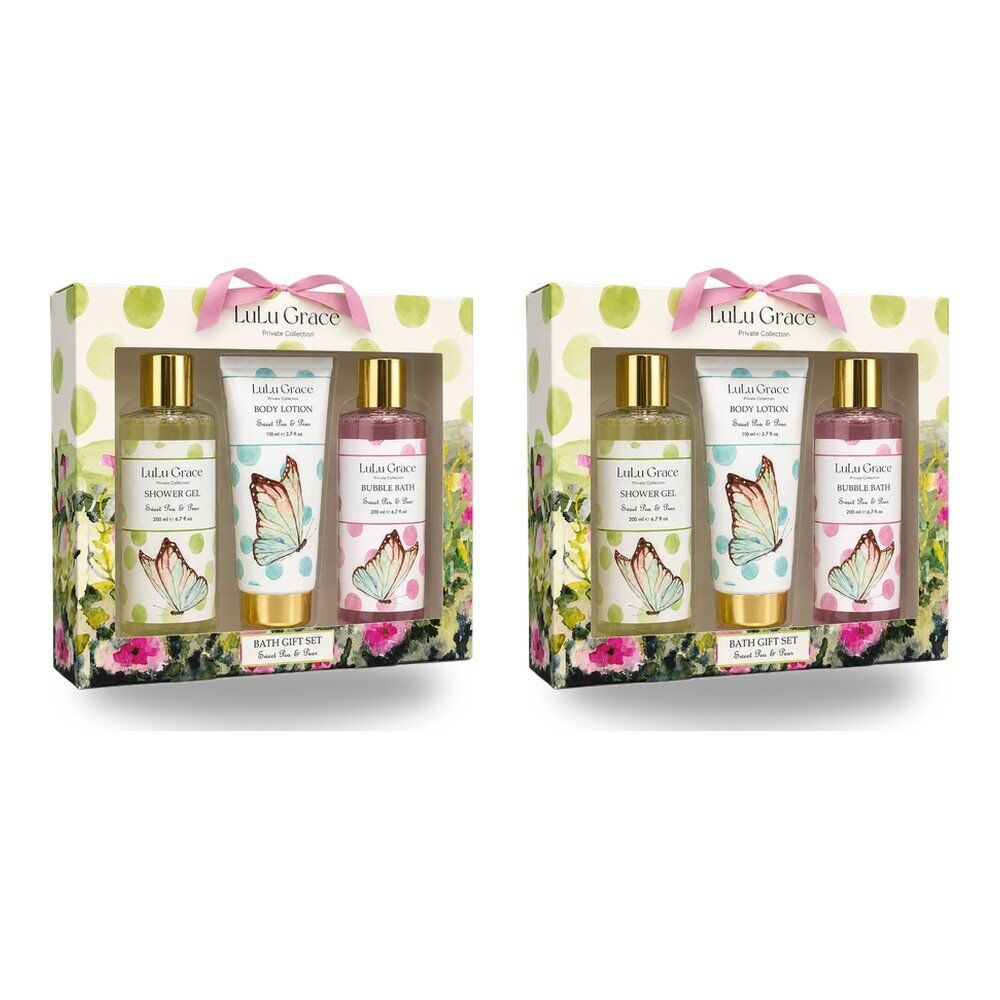 Lulu Grace Sweet Pea & Pear Bath Gift Set Shower Gel 200mL, Bubble Bath 200mL & Body Lotion 110mL Bundle of 2