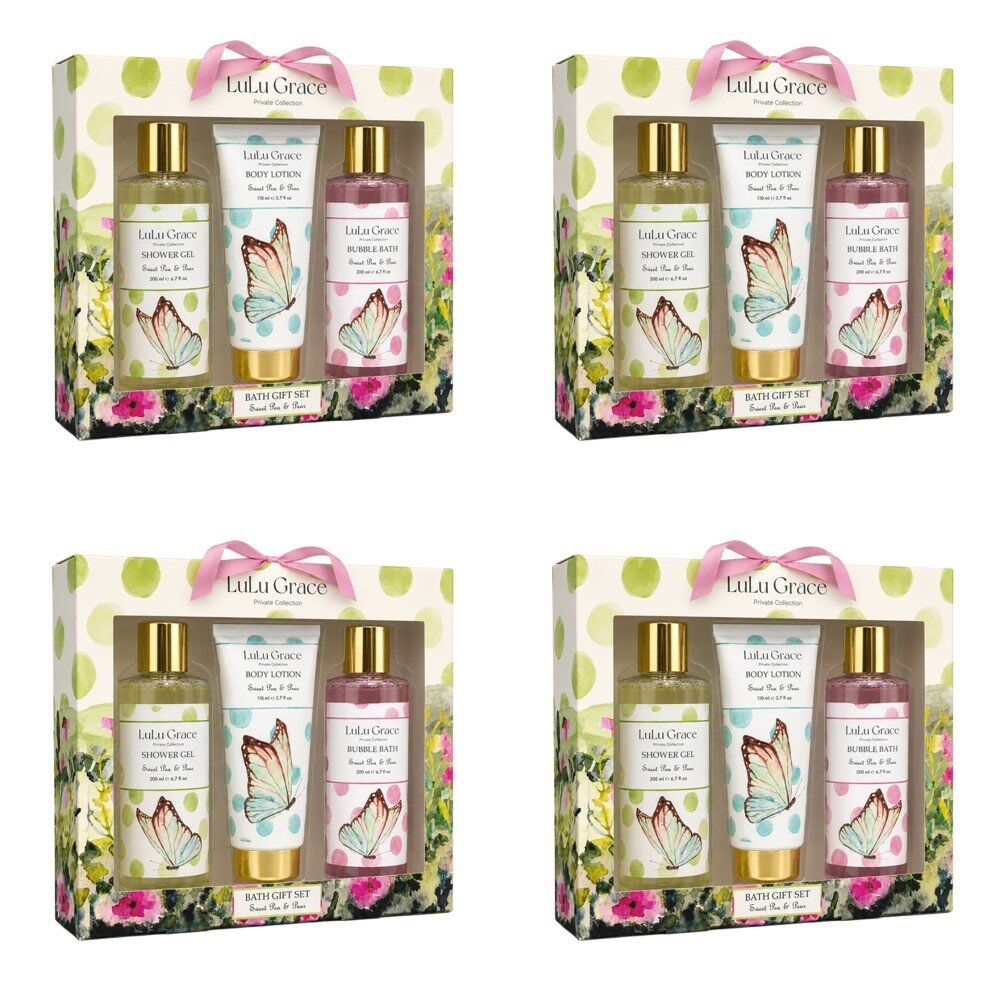 Lulu Grace Sweet Pea & Pear Bath Gift Set Shower Gel 200mL, Bubble Bath 200mL & Body Lotion 110mL Bundle of 4