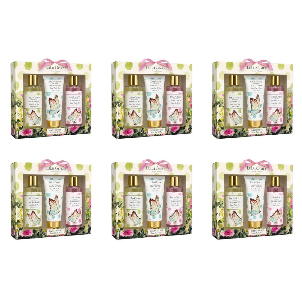 Lulu Grace Sweet Pea & Pear Bath Gift Set Shower Gel 200mL, Bubble Bath 200mL & Body Lotion 110mL Bundle of 6