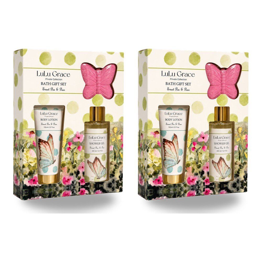 Lulu Grace Sweet Pea & Pear Bath Gift Set Shower Gel 200mL, Body Lotion 110mL & Butterfly Bath Fizzer 60g Bundle of 2