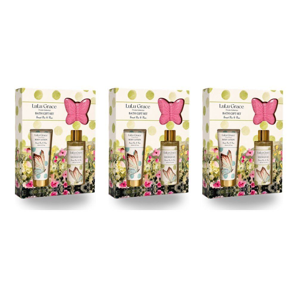 Lulu Grace Sweet Pea & Pear Bath Gift Set Shower Gel 200mL, Body Lotion 110mL & Butterfly Bath Fizzer 60g Bundle of 3