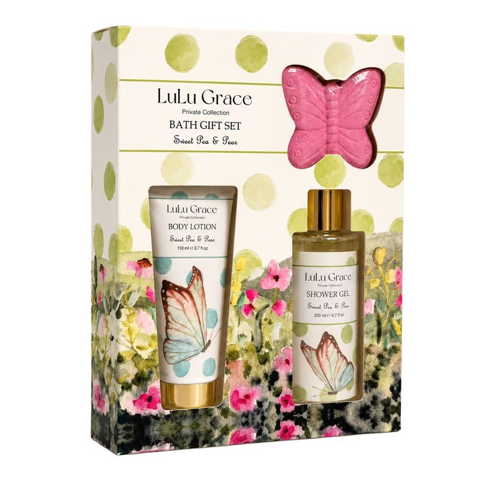 Lulu Grace Sweet Pea & Pear Bath Gift Set Shower Gel 200mL, Body Lotion 110mL & Butterfly Bath Fizzer 60g Bundle of 4