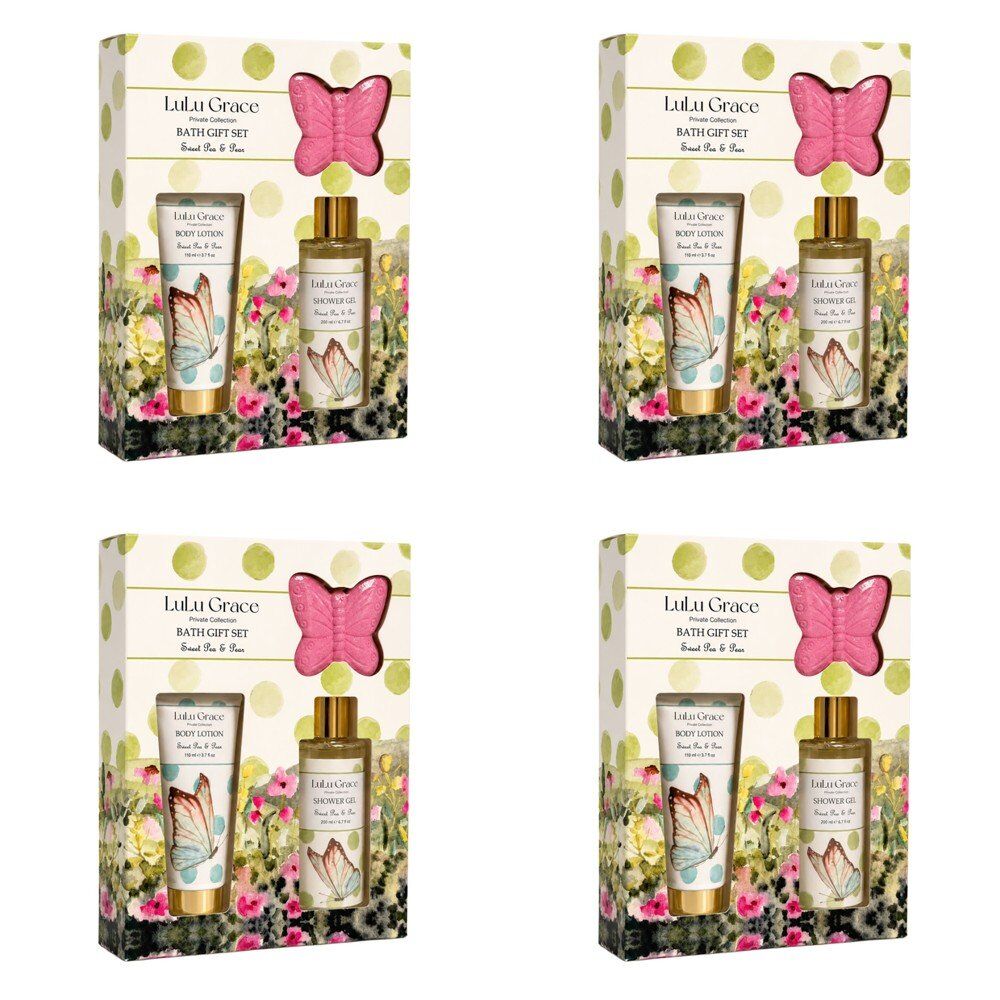 Lulu Grace Sweet Pea & Pear Bath Gift Set Shower Gel 200mL, Body Lotion 110mL & Butterfly Bath Fizzer 60g Bundle of 4