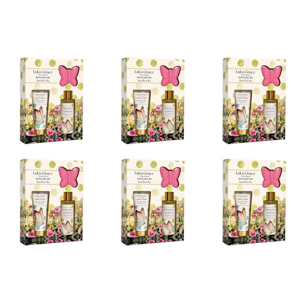 Lulu Grace Sweet Pea & Pear Bath Gift Set Shower Gel 200mL, Body Lotion 110mL & Butterfly Bath Fizzer 60g Bundle of 6