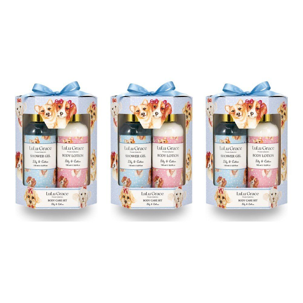 Lulu Grace Lily & Cotton Shower Gel 150mL, Body Lotion 150mL & Netting Sponge Gift Set Bundle of 3