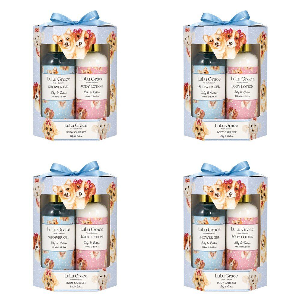Lulu Grace Lily & Cotton Shower Gel 150mL, Body Lotion 150mL & Netting Sponge Gift Set Bundle of 4