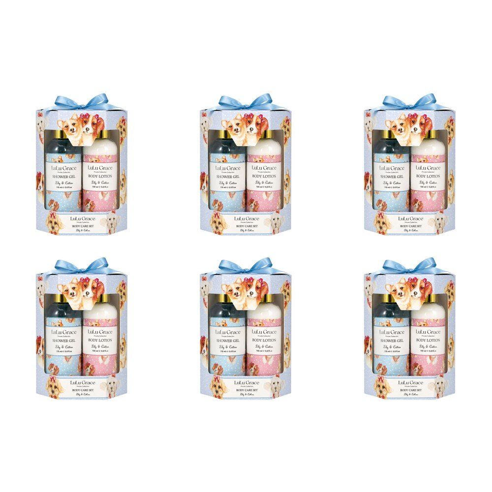 Lulu Grace Lily & Cotton Shower Gel 150mL, Body Lotion 150mL & Netting Sponge Gift Set Bundle of 6